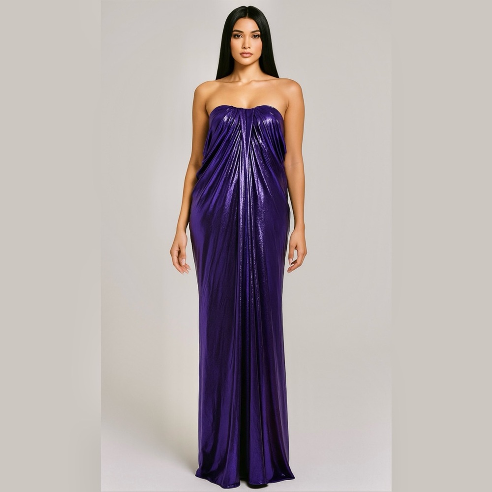 NWT RETROFETE 70s Metallic Lamé Strapless Draped Gathered Pleat Maxi‎ Gown XS